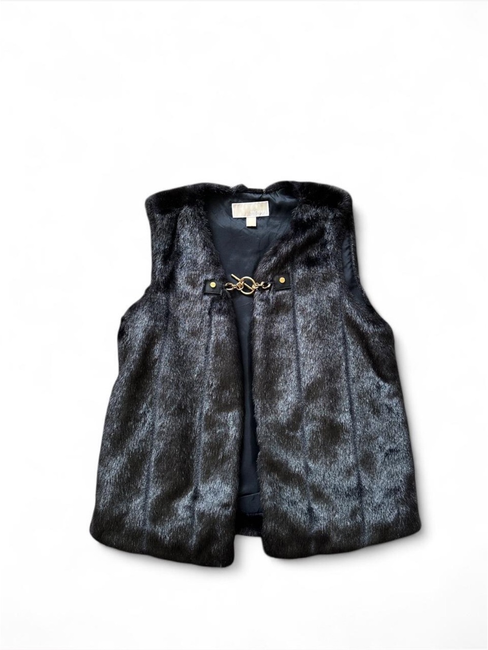Women’s Black faux fur vest with gold chain clasp buckle detail #fauxfur #buckle